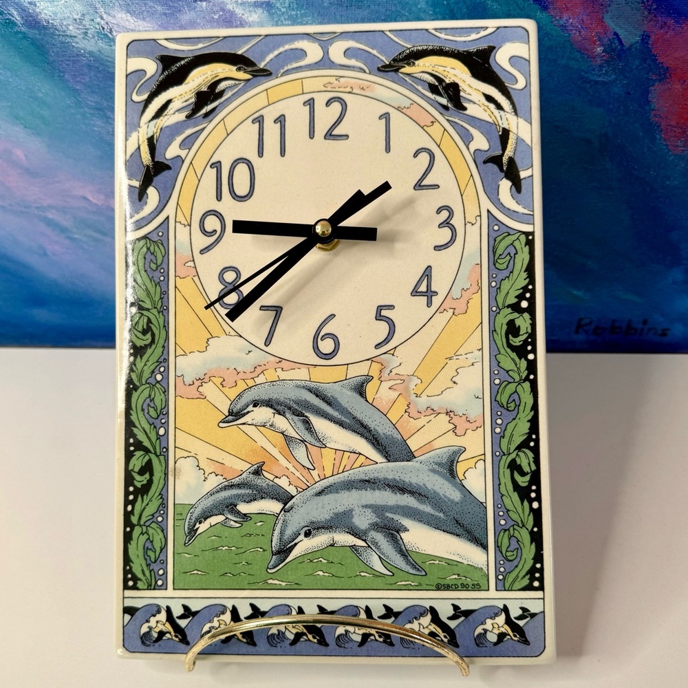 Dolphin Tile Clock Santa Barbara Ceramic Design 1990 Vintage Wall Decor Beachy